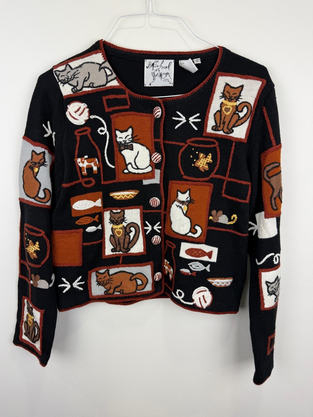 Vintage 1998 Michael Simon Cat Cardigan Sweater M Whimsical Art to Wear